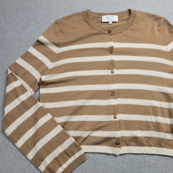 La Ligne Sweaters - La Ligne New York Tan White Striped‎ Cashmere Cardigan Sweater Women's Size XL